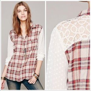 Free People Lace Plaid Red Ivory Button Down Top Size Small